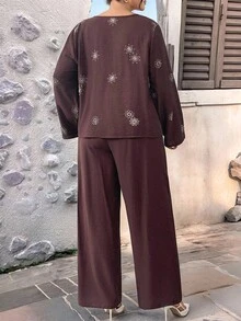 Modelyn 2pcs Plus Size Women Embroidered Lace Tie Front Long Sleeve Shirt And Pants Set Fall Cloth For Women