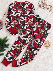 1 Conjunto de pijama de manga larga de ajuste ceñido con cuello redondo y estampado de Papá Noel y ciervos para niños adolescentes, primavera/otoño - Rojo - Ver 3