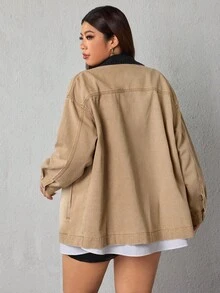 SHEIN ICON Plus Size Retro Color Block Distressed Lapel Denim Jacket - Yellow - View 2