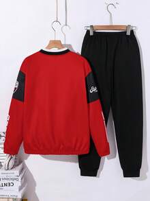 青少年男童棒球夹克套装，宽松休闲摩托车图案运动服，适合通勤、上学、日常休闲、运动、秋冬季穿着，男童运动套装，两件套青少年男童运动服，青少年男童运动服，赛车夹克套装，青少年男童两件套，冬季套装，冬季服装，秋季服装，秋季服装，所有儿童服装，黑色上衣，黑色裤子，秋季上衣，圣诞红 - 紅色 - 查看 4