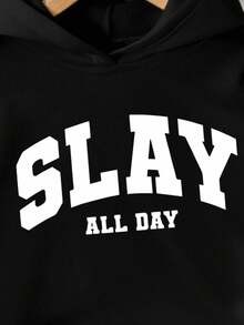 2 件套青少年女孩黑色连帽运动衫，印有“Slay”标语，百搭百搭，适合居家、街头、日常穿着和户外穿着 - 彩色 - 查看 5