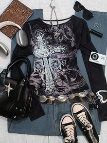 SHEIN Camiseta de manga larga con estampado gráfico vintage para mujer, camiseta casual slim con estampado de alas cruzadas, camiseta estilo grunge retro estético punk, regalo para hermanas, regalo festivo, festival de música, moda, elementos populares