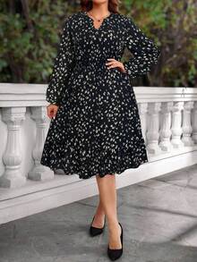 EMERY ROSE Vestido casual de manga farol con bolsillo, cintura con cordón y estampado todo sobre, talla grande, otoño