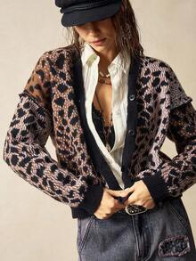 Bohemela Women's Casual Leopard Print Drop Shoulder Long Sleeve Knit Cardigan, Autumn/Winter