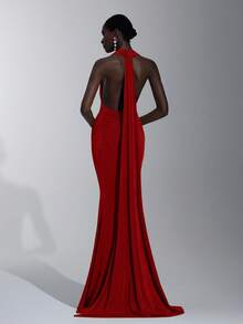 Elitara Elegant, Romantic, Sexy, Minimalist, Green, Knitted Fabric, Halter Neck, Cinched Waist, Mermaid Hem, Fashionable, Influencer Style, Holiday, Vacation, Birthday Party, Wedding Event, Bridesmaid Dress - Burgundy - View 6