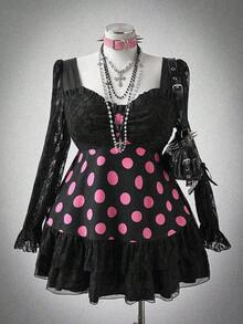 Sweetra 大码波尔卡圆点蕾丝拼布长袖衬衫 - 黑色 - 查看 1