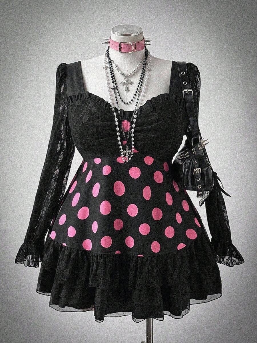 Sweetra 大码波尔卡圆点蕾丝拼布长袖衬衫 - 黑色 - 查看 1