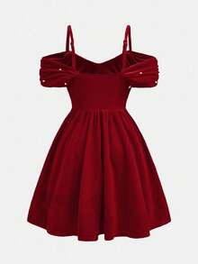 Pitira Tween Girls Elegant Velvet Off Shoulder Beaded Bustier Waist Cinched Ruffle Dress, Red Christmas Party Dress, Suitable For Spring Festival, Sunray Ruched - Red - View 2