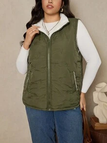 Zelara 大码女式休闲冬季纯色航海风外套，前拉链无袖口袋哥特式外套，秋季款 - 軍綠色 - 查看 4