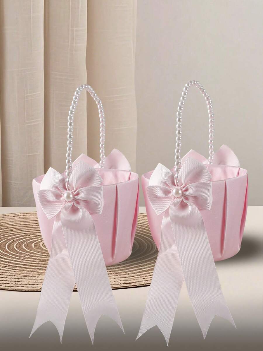 SHEIN 1pc Bow Pearl Wedding Flower Basket - White Bow Flower Basket, Satin Flower Basket, Suitable For Wedding Party Decoration, New Year Gift