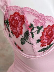 FloralLove 2pcs Sexy Ruched Ruffled Mesh Embroidery Babydoll Nightgown And G-String Set - Pink - View 6