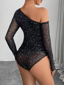 Almamuse Women's Fashion Metallic Polka Dot Mesh Print Off-Shoulder Long Sleeve Bodysuit - Black - View 2