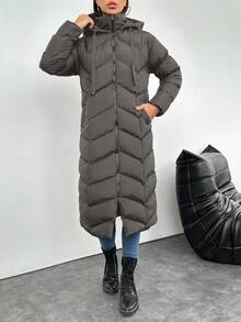 EURMUSE 女士时尚绗缝拉链连帽棉服外套（冬季） - 灰色 - 查看 5