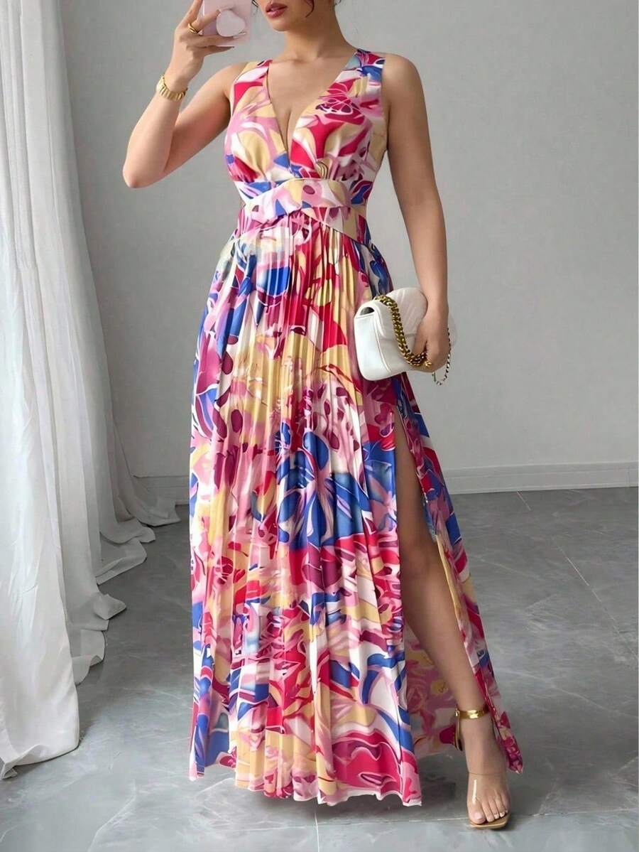 Elenzga 大码女式优雅花卉印花V领无袖荷叶边开衩腰夏季度假长裙 - 藍色 - 查看 1