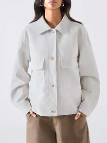 LYSMO Jaqueta Casual Feminina de Manga Longa, Bolso Cargo de Abotoamento Único, Cor Sólida, Outono - Branco - Visão 6