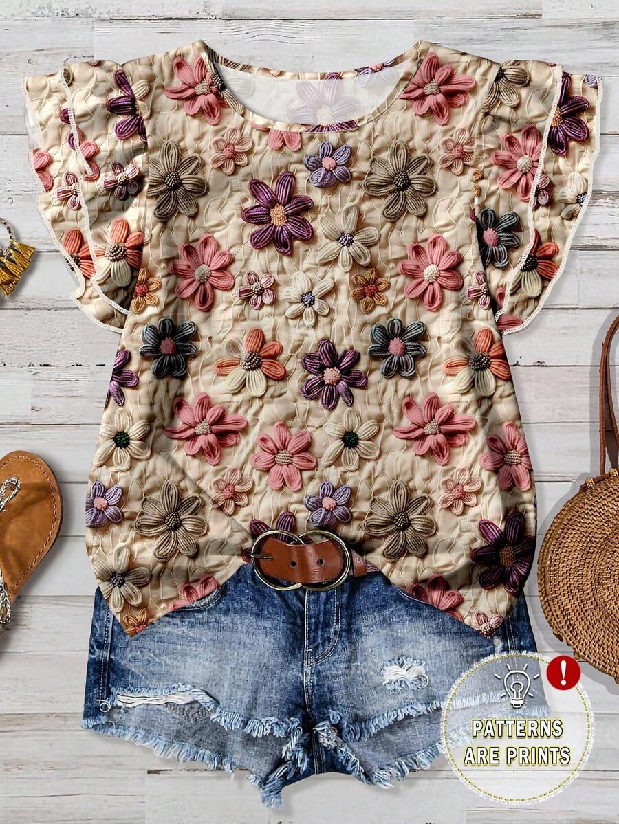 EMERY ROSE Plus Size Women Casual Elegant Floral Pattern Shirt, Suitable For Summer Chic Blouses For Women - Apricot - View 1