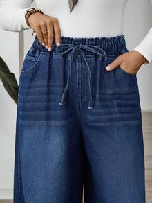 SHEIN CURVE+ Damen dunkelblau Herbst und Winter Jeans mit elastischem Bund und Taschen, lässig und weit geschnitten, Outfits für Damen, Halloween Kostüme, Landhausstil für Damen, schick für den Herbst