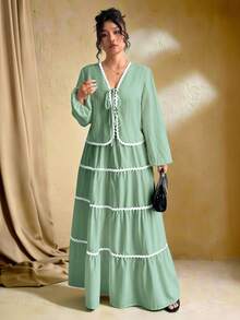 SHEIN Tall 加大码女式编织纹理长袖开衫，搭配系带腰带、撞色荷叶边下摆设计、松紧腰长裙、法式优雅浪漫两件套 - 薄荷綠 - 查看 4