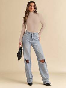 SHEIN BAE Bộ đồ liền thân dài tay khoét lỗ gợi cảm cho nữ - Màu Khaki - Xem 3