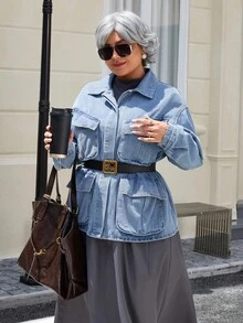 EMERY ROSE Plus Size Women's Fashion Multi-Pocket Denim Jacket - Light Wash - View 5