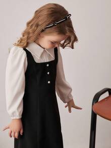 PrepCrw Young Girls' Preppy Style Color Block 2 In 1 Shirt Collar Long Sleeve Dress Fall Winter - Black and White - View 7