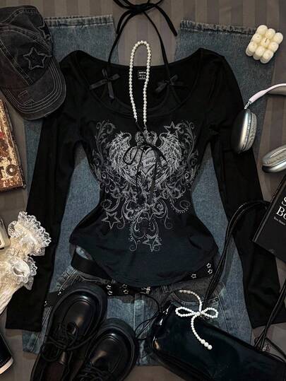 SHEIN EZwear Y2K Punk Style Heart Print Solid Color Spaghetti Strap Bow Decor Camisole Patchwork Long Sleeve T-Shirt, Suitable For Autumn/Winter