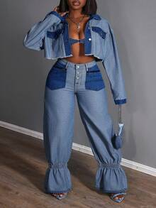 Slaydiva 大码女式高腰拉链口袋荷叶边下摆宽松时尚牛仔裤 - 深色水洗藍 - 查看 2