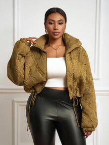 Veslaya Áo khoác ngắn tay dài màu nâu trơn, chất liệu cotton có họa tiết, thích hợp cho mùa Thu/Đông, phong cách thường ngày, đi học và thư giãn, dành cho nữ cỡ lớn. - màu nâu - Xem 4