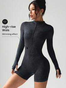 Dewbera 女士休闲拉链半拉链运动瑜伽连体裤，秋季 - 黑色 - 查看 5