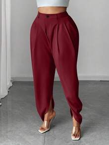 大码时尚褶裥杏色口袋长裤 - 酒紅色 - 查看 1