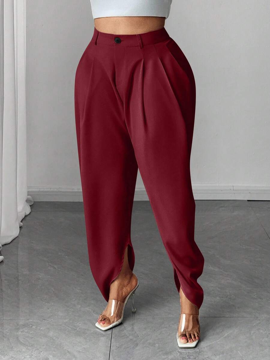 大码时尚褶裥杏色口袋长裤 - 酒紅色 - 查看 1