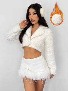 SHEIN PETITE 女士纯色翻领长袖单排扣短款仿皮草外套 白色毛绒大衣 秋冬款 - 白色 - 查看 8