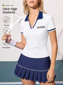 CourtClass 女式撞色 V 领 Polo 衫定制撞色罗纹针织个性化标语印花修身短袖休闲运动网球 Polo 衫女式高尔夫服装 - 白色 - 查看 1