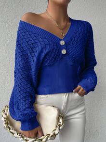 Women's Fashion Casual Hollow V-Neck Button Knitted Pullover,Jumper,Cream Jumper,Jumpers,Christmas Jumper,White Jumper,Black Jumper,Ladies Jumper,Women's Jumpers