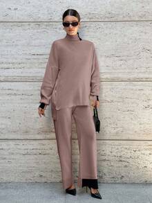 RueChic 2pcs Women''s Casual Contrast Color Long Sleeve Top And Pants Knitted Sweater Set - Dusty Pink - View 6