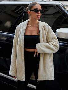 EURMUSE 女士纯色休闲泰迪优质连帽大衣 - 米色 - 查看 5