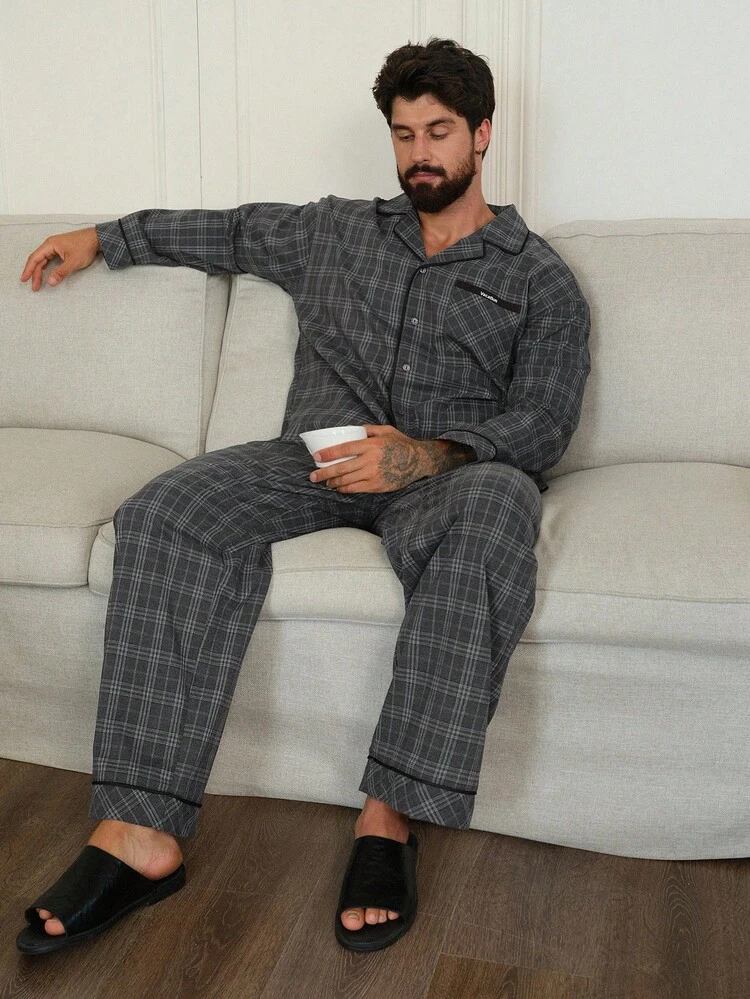 Men's Letter Plaid Print Shirt & Pants Loungewear Set, Autumn, Fall Winter Clothes Pajama