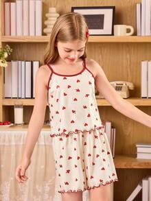 SHEIN 2件套可爱细肩带心形印花大女孩睡衣 - 杏色 - 查看 3