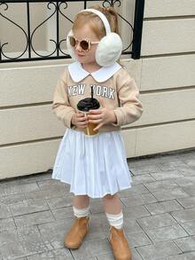 Playful Pals Young Girl Casual Lapel Drop Shoulder Front English Slogan Print Back Snap Button Elastic Waist Long Sleeve Set, Autumn/Winter Fall Clothes - Khaki - View 3