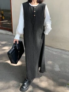 FRIFUL 女士纽扣半襟格子圆领无袖休闲宽松长款连衣裙 - 灰色 - 查看 5