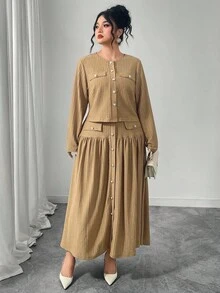 Modelyn Textured Fabric Shirt Collar Button Down Long Sleeve Skirt Elegant Luxurious Socialite Style Plus Size 2 Pieces Set - Khaki - View 4