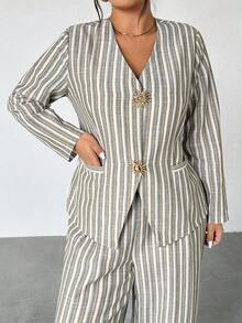 Firerie 大码女式两件套条纹西装、休闲通勤度假装、仿亚麻条纹阔腿裤套装、学校/返校服、乡村音乐会服装、复古风格、教师服装、秋季时尚、乡村音乐节、斯德哥尔摩风格衬衫和裤子套装裤装夏季套装 2 件套休闲套装女式条纹裤套装裤装/金属纽扣装饰西装外套/带口袋、腰部和 A 字型、优雅通勤、办公室女士服装、大码两件套西装 - 彩色 - 查看 3