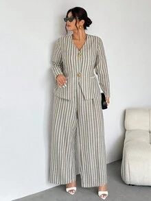 Firerie 大码女式两件套条纹西装、休闲通勤度假装、仿亚麻条纹阔腿裤套装、学校/返校服、乡村音乐会服装、复古风格、教师服装、秋季时尚、乡村音乐节、斯德哥尔摩风格衬衫和裤子套装裤装夏季套装 2 件套休闲套装女式条纹裤套装裤装/金属纽扣装饰西装外套/带口袋、腰部和 A 字型、优雅通勤、办公室女士服装、大码两件套西装 - 彩色 - 查看 7