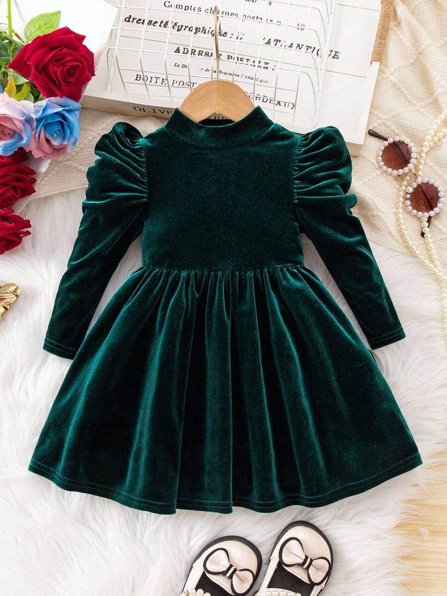 Elegant & Cute Velvet Green Long Sleeve Dress For Baby Girl