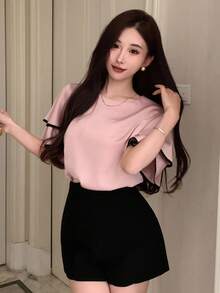 DAZY 优雅女士双层荷叶边下摆短袖衬衫，撞色边缘细节和圆领，新年前夜，短袖上衣夏季 - 粉色 - 查看 6