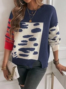 EMERY ROSE Áo len dệt kim dài tay cổ tròn màu tương phản dành cho nữ - Nhiều màu - Xem 6