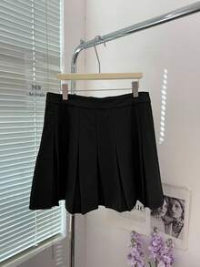 SHEIN EZwear Casual Versatile Solid Color Pleated Plus Size Women Skirt, Collegiate Style - Black - View 4
