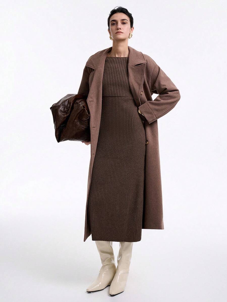 SHEIN LUNE 2pcs Maillard Long Sleeve Shawl Collar Cardigan & Ribbed Camisole Maxi Dress Set, Spring/Autumn - Coffee Brown - View 1