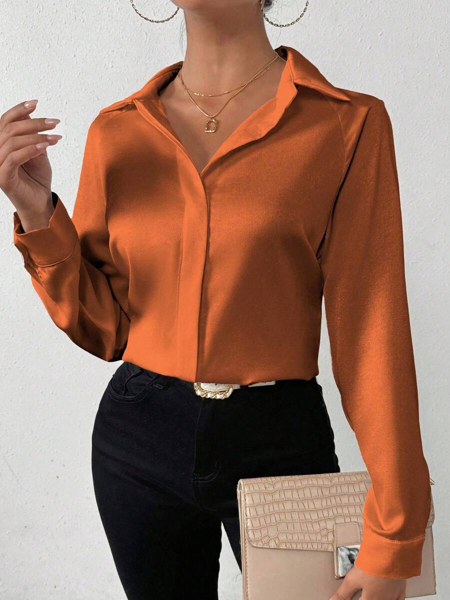 SHEIN PETITE 女式纯色缎面简约不对称下摆衬衫 - 橘色 - 查看 1