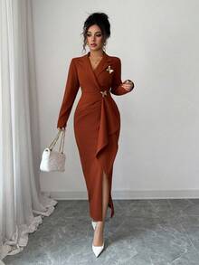 Elenzga Váy dài tay thêu họa tiết bướm nâu cài nút kim loại xếp ly, kiểu Pháp thanh lịch tinh tế cho quý cô công sở, váy ôm eo thon gọn mùa thu/đông - Rỉ Nâu - Xem 7